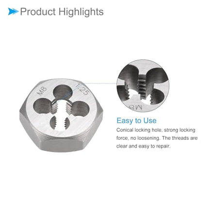 Hex Rethreading Die, M8 x 1.25 Pitch, Carbon Steel Cylindrical Pipe Threading Tool with 4 Chip Holes - (Applications: for Threading Repairing) - size: M8x1.25