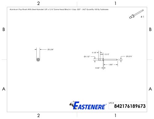 Fastenere Pop Rivets 1/8" x 1/16" (100 pcs) Aluminum Body Steel Mandrel, Heavy Duty, Open End, Low Carbon, Dome Head Blind Rivets, Corrosion Resistant & High Shear Strength, 4-1 Gap .020" - .062" - size: 1/8" x 1/16" (4-1) (100 Pack)