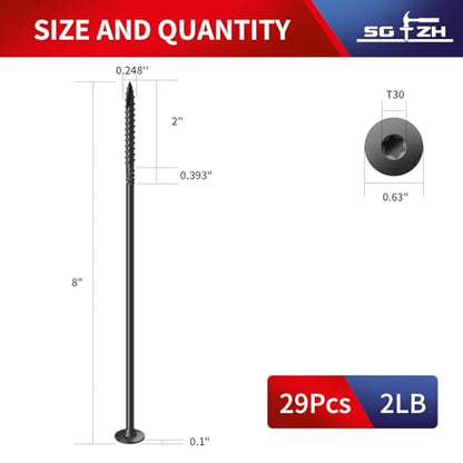 #14 x 8 Inch Outdoor Structural Wood Deck Screws (29Pcs/2lb), Carbon Steel, Black, Flat Head, Rust Resistant Epoxy Coated, T30 Star Bit - color: Black, size: #14 x 8"