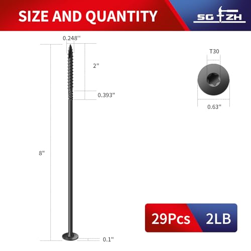 #14 x 8 Inch Outdoor Structural Wood Deck Screws (29Pcs/2lb), Carbon Steel, Black, Flat Head, Rust Resistant Epoxy Coated, T30 Star Bit - color: Black, size: #14 x 8"