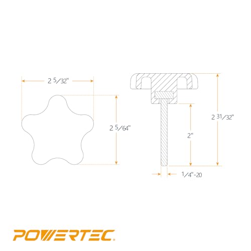 POWERTEC 10 Pack 1/4"-20 5 Star Knobs with 2" Threaded Stud, Thumb Screw Knobs with bolts for Lawn Mower, Umbrella Base, Woodworking Tools & Jigs, Clamps (QNB3010-P2) - style: 1/4", 5-Star, 2" Stud