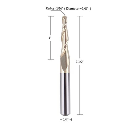 SpeTool Tapered Ball Nose End Mill 1/4" Shank with 1/16" Cutting Radius for 3D Carving Engraving Router Bit, ZrN Coated - size: Dia.=1/8