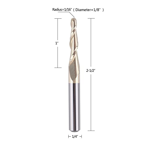 SpeTool Tapered Ball Nose End Mill 1/4" Shank with 1/16" Cutting Radius for 3D Carving Engraving Router Bit, ZrN Coated - size: Dia.=1/8