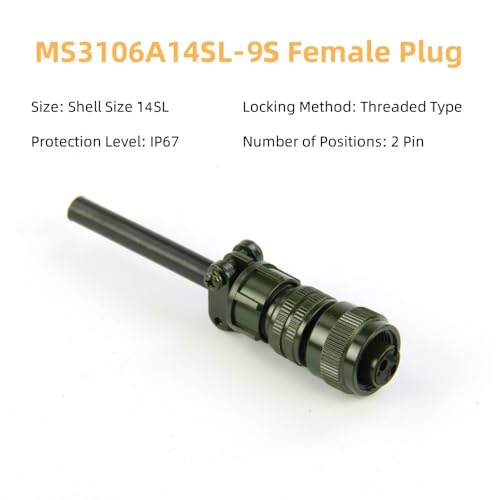 MIL-DTL-5015 Series Industrial Connector, MS3106A14S-9S Female Circular Connectors Waterproof 2 Pin Contacts Solder Termination Threaded Connector Straight