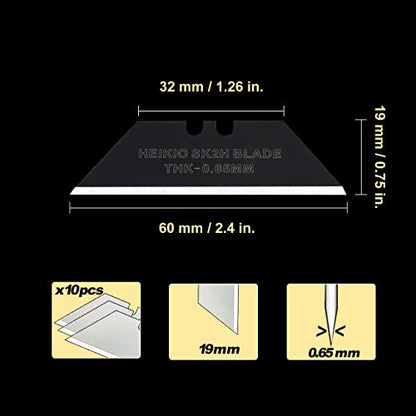 Utility Knife Blades, Pack of 10 Standard Replacement Blades for Heavy Duty Utility Knives and Box Cutters, Made of Black Carbon Steel, Thicker and Sharper than Normal Silver Blades