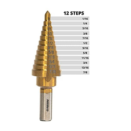 NEIKO 10185A Step Drill Bit, 12 Steps 3/16” to 7/8” Straight High Speed Steel, Titanium Nitride Coated, 3/8” Tri Flat Step Bits for Steel, Metal, Wood, Plastic, Unibit Cone Drill Bits, Two Flute - size: #4 (3/16 - 7/8", 12S), style: Straight