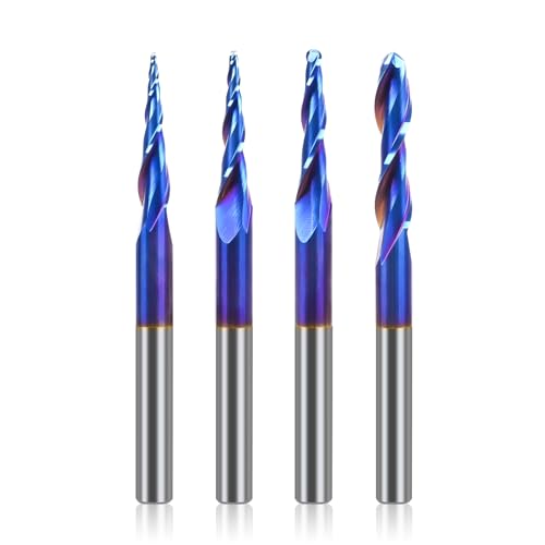LUNYEE 4PCS Ball Nose Set Spiral Router Bits 1/4" Shank, 1/4" 1/8" 1/16" 1/32" Cutting Diameter, 3" Over Length End Mill Spiral Router Bit with NACO-Blue Coating for 2D&3D Carving Engraving