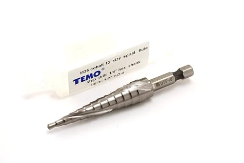 TEMO M35 Cobalt Spiral Step Drill Unibit Bit, 13 Size 1/8"-1/2", 1/4" Shank - size: 1/8" - 1/2", style: Spiral