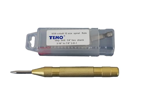 TEMO M35 Cobalt Spiral Step Drill Unibit Bit 3/16-7/8" 12 Size+Center Punch - size: 3/16" - 7/8" + punch, style: Spiral