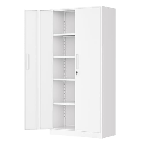 Greenvelly Metal Storage Cabinet, 72" Locking Metal Garage Storage Cabinet with Doors and 4 Adjustable Shelves, White Lockable Steel Cabinet for Home Office, Garage, Shop, School (32" W x 16" D) - color: White, size: 72 Inch - 32W