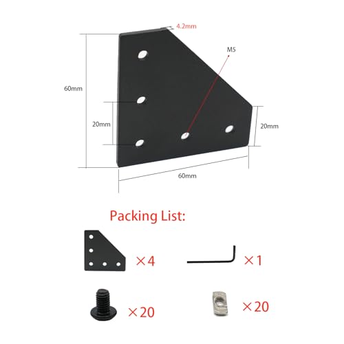 Iverntech 4Pcs Black Connector L Shape Corner Bracket Outside Joint Board Plate with 20Pcs M5 T-Nuts+20Pcs M5 Screws+1Pcs Wrench for Standard 6mm Slot 2020 Series Aluminum Extrusion Profile - size: 2020 4 Pcs L