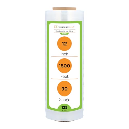 PSBM Stretch Wrap, 128 Rolls 12 Inch x 1500 Feet 90 Gauge Heavy Duty up to 800% Ultimate Stretch Clear Plastic Wrap Industrial Strength Shrink Film for Moving, Packing & Shipping - size: 128 Pack, style: 90 Gauge