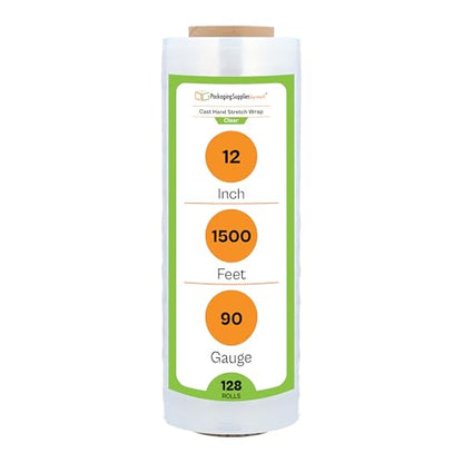 PSBM Stretch Wrap, 128 Rolls 12 Inch x 1500 Feet 90 Gauge Heavy Duty up to 800% Ultimate Stretch Clear Plastic Wrap Industrial Strength Shrink Film for Moving, Packing & Shipping - size: 128 Pack, style: 90 Gauge