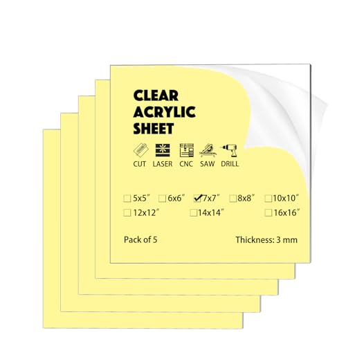 5 Pack 7"x7" Plexiglass Panels 3mm (1/8") Thick Transparent Acrylic Sheets with Protective Film for Picture Frame Art Design, DIY Craft, Signage, Display, and Home Projects (5, 7"x7" 3mm) - size: 7"x7" 3mm