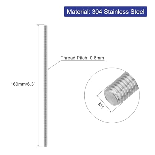 3Pcs Fully Threaded Rod, M5 x 160mm 304 Stainless Steel Right Hand Thread Bar Studs M5-0.8 Thread Pitch for Furniture Machinery Assembly
