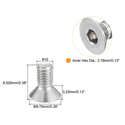 uxcell #10-32x3/8 Flat Countersunk Head Socket Cap Screws, 50Pcs 304 Stainless Steel Hex Socket Flat Head Screws, Full Thread, Countersunk Bolts - size: #10-32x3/8"