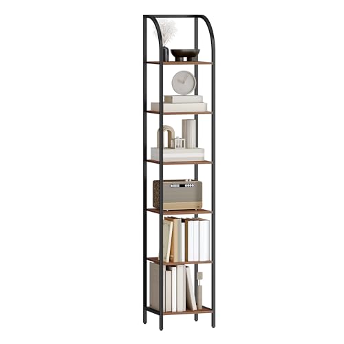 Hzuaneri Bookshelf Narrow Bookcase, Tall Storage Rack with Steel Frame - color: Rustic Brown, size: 11.8 × 13.2 × 71.9 inch