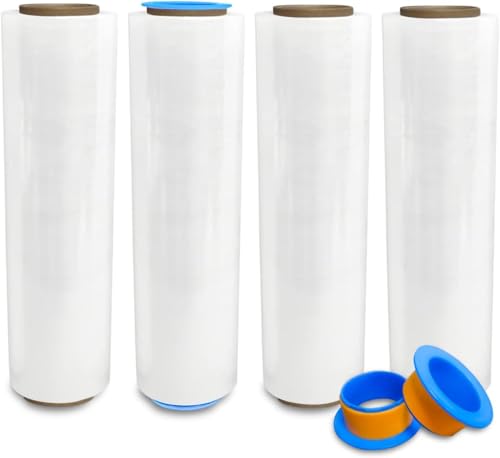 4 Rolls x 18" x 1500 Feet x 80 Gauge Clear Commercial Grade Heavy Duty Plastic Stretch Film Shrink Wrap | Industrial Strength Durable | Shipping Moving Packing Logistics | Holder Included - color: Clear, size: 4 PACK