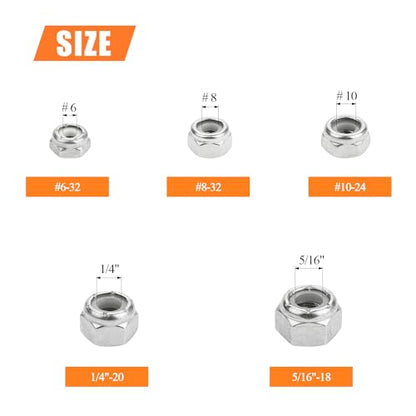 #6-32#8-32#10-24 1/4"-20 5/16"-18 Lock Nuts, HELIFOUNER 124 Pieces 5 Sizes Nylon Insert Hex Lock Nuts Assortment Kit, 304 Stainless Steel (18-8) Locknuts, Coarse Thread - size: #6-32 to 5/16"-18 (124 pcs)