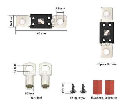 Mega ANM Bolt Down Fuse Hoder with 2X 150A Spare fuses, terminals, Shrinking Tubes, Screws and fixig Wrench All in one Package Ideal for Car Van, RV, Trailer and Marine Boat (Mega 150A) - size: Mega 150A