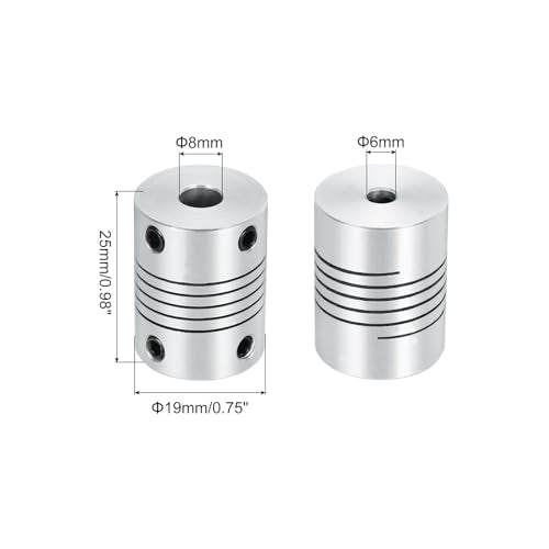 uxcell 2Pcs 6mm to 8mm Aluminum Alloy Shaft Coupling L25xD19 Flexible Coupler Beam for 3D Printer CNC Machine DIY Encoders and Motors Shaft,Silver - size: 6mm to 8mm