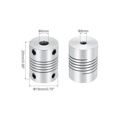 uxcell 2Pcs 6mm to 8mm Aluminum Alloy Shaft Coupling L25xD19 Flexible Coupler Beam for 3D Printer CNC Machine DIY Encoders and Motors Shaft,Silver - size: 6mm to 8mm