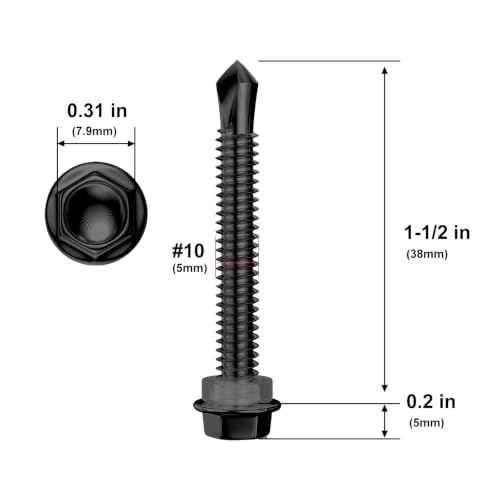 Wensilon (150Pcs) #10×1-1/2" Black Hex Washer Head Self Drilling Screws, 410 Stainless Steel Metal SheetScrews，TEK Screws, Sheet Metal Self Tapping Screws - color: Black, size: #10x1-1/2"