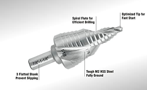 Industrial HSS Step Drill Bit 7/8'' to 1-1/8'' with 3/8'' Shank, Unibit Double Spiral Flute for Metal, Stainless Steel, Aluminum, Plastic - size: 7/8'' to 1-1/8''