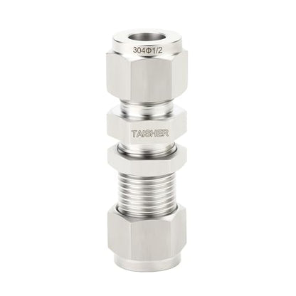TAISHER 1PCS 304 Stainless Steel Thru-Bulk Bulkhead Compression Tube Pipe Fitting Connector, 1/2" Tube OD x 1/2" Tube OD Straight Adapter