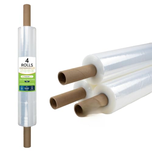 PSBM Stretch Film/Wrap with Extended Core Handles, 4 Rolls 20" x 1000 Feet 70 Gauge, Heavy Duty Up to 600% Industrial Strength Clear Shrink/Plastic Wrap for Packing, Shipping, Storage - size: 4 Pack, style: 70 Gauge