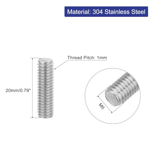 uxcell 8Pcs Fully Threaded Rod, M6 x 20mm 304 Stainless Steel Right Hand Thread Bar Studs M6-1 Thread Pitch for Furniture Machinery Assembly - size: M6 x 20mm