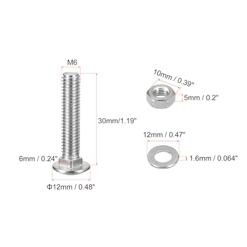 uxcell M6x30mm Square Neck Carriage Bolts with Nuts & Washers, 24Set 304 Stainless Steel Round Head Square Neck Coach Bolt Screws, Silver Tone - size: M6x30mm