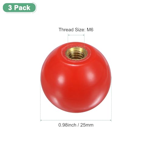 M METERXITY 3-Pack Threaded Ball Knobs, M6 Female Thread 25mm Dia. Thermoset Ball Knob for Lathe/Machine/Lawn Mowers, Round Phenolic Brass Insert Lever Handle [Red] - color: Red, size: M6x25mm