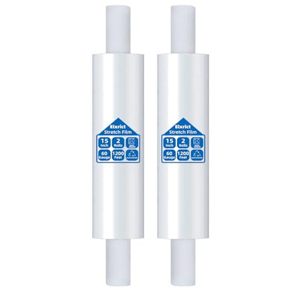 15 Inch Stretch Wrap Roll, Heavy Duty 15" x 1200ft Shrink Wrap Roll, Clear 60 Gauge Industrial Strength Stretch Film with Handle, Plastic Wrap for Pallet, Shipping, Moving, Furniture(2 Rolls) - size: 15in-Clear-2Pack