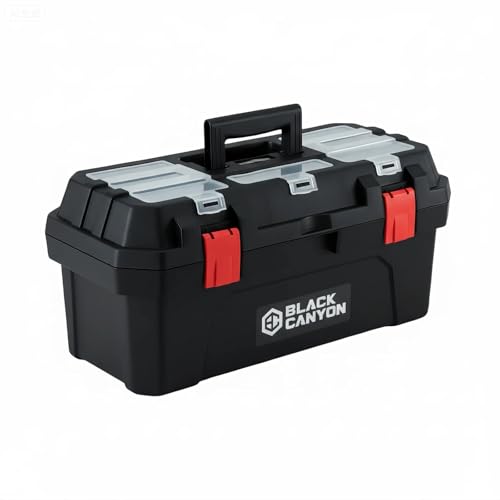 Black Canyon Tool Box - 19 Inch Plastic Dual-Layer Design, 44 lbs Load Capacity Portable Tool Box, Ergonomic Handle, Stackable & Top-Lid Storage, Perfect for DIY, Workshop & Job Site Organization - size: 19 IN.