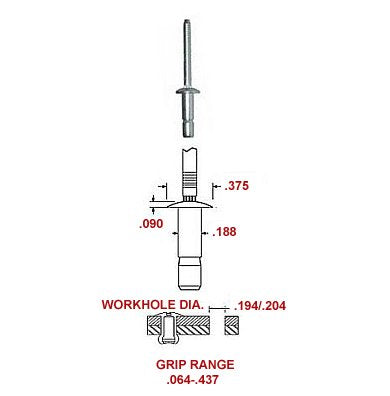 3/16" Dia All Stainless Steel Interlock HIGH Strength Rivet, PROTRUDING Head, with A .062 - .437 Grip Range (Pack of 25 Pieces) CCPI-E06-07