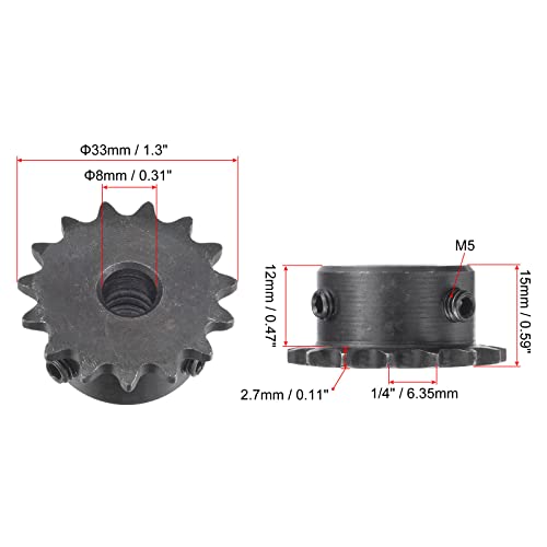 uxcell 15 Tooth Roller Sprocket B Type, #25 Chain, Single Strand 1/4" Pitch, 8mm Bore Black Oxide C45 Carbon Steel with Set Screws for ISO 04C - size: 8mm