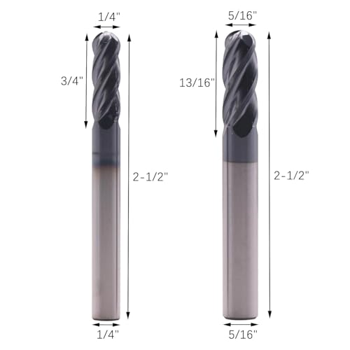 6Pcs 1/16"-3/8" 4 Flute Solid Carbide Ball Nose End Mills Set, AlTiN Coated