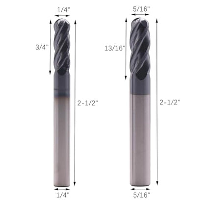 6Pcs 1/16"-3/8" 4 Flute Solid Carbide Ball Nose End Mills Set, AlTiN Coated