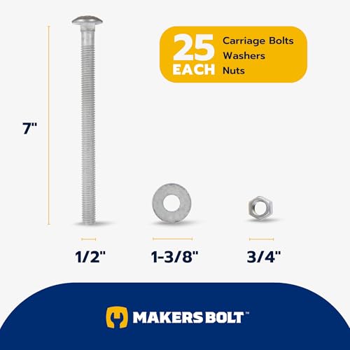 1/2" x 7" (25 Pack) Galvanized Carriage Bolt Kit Grade 307A Includes 1/2" USS Flat Washers (25 pcs) and 1/2"-13 Hex Nuts (25 pcs), Hot Dip Galvanized for Exterior Use by Makers Bolt - size: 1/2 x 7