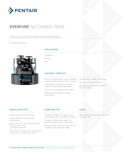 Everpure EV925831 QL3 Water Filter Head Assembly with Shut Off Valve and Bracket