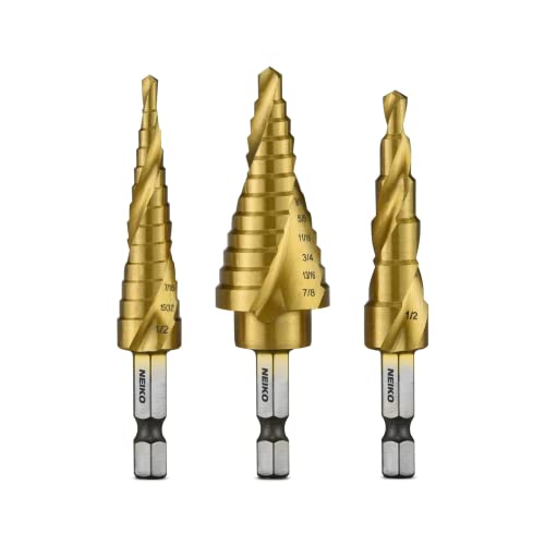 NEIKO 10181A Step Drill Bit Set, 3 Piece, Spiral Grooved for Faster Drilling, Step Bits for Stainless Steel, Metal, Wood, Plastic, Unibit Cone Drill Bits with 31 Step Sizes Total - size: 3pc (1/8 - 7/8", 31S), style: Spiral