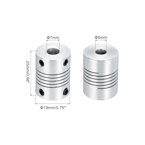 uxcell 2Pcs 6mm to 7mm Aluminum Alloy Shaft Coupling L25xD19 Flexible Coupler Beam for 3D Printer CNC Machine Encoders and Motors Shaft,Silver - size: 6mm to 7mm