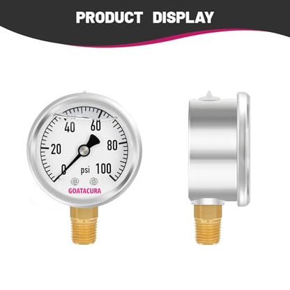 0-100psi Glycerin Filled Pressure Gauge, 2" Dial Size, 304 Stainless Steel Case, 1/4" NPT Lower Mount, with High Accuracy, for Measuring Water Air Hydraulic Pressure - size: 0-100psi, style: BRASS