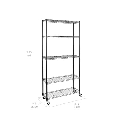 5-Tier NSF-Certified Steel Wire Shelving, 36"W x 14"D x 75.5"H, Black - color: Black, size: 5-Tier Shelving, 36" W x 14" D