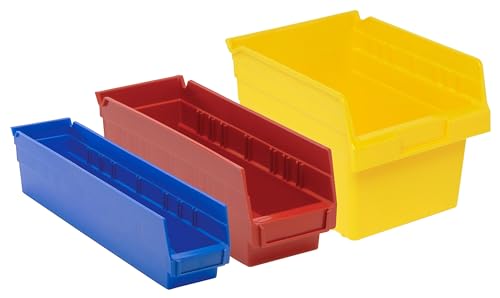 Quantum Storage QSB808 Store-Max Heavy-Duty Nesting Plastic Shelf Bins for Pharmacy, Hospital & Warehouse, Hanging Lip & 7 Divider Slots, 18" x 9" x 8", Yellow, 10-Pack