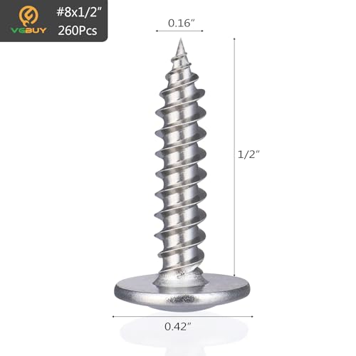 VGBUY 260Pcs #8x1/2 Wood Screws Phillips Modified Truss Head Stainless Steel 410 Quick Metal Self Tapping Screws - color: Silver, size: #8 x 1/2 inch