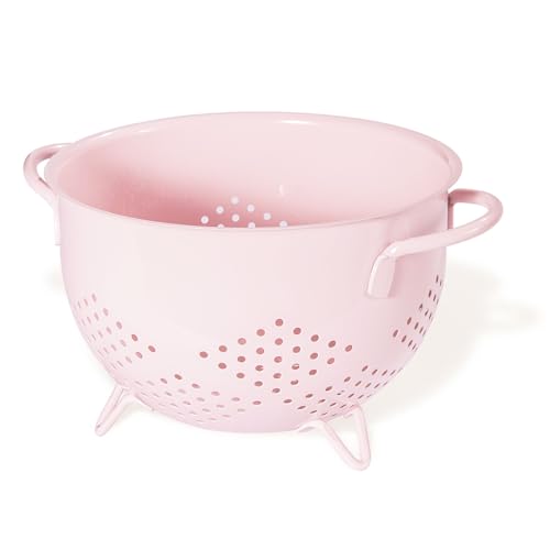 Metal Colander 5 Quart Powder Coated Self-draining Metal Strainer with Base,Kitchen Pasta Fruit Vegetable Basket with Double Handles (Pink) - color: Pink
