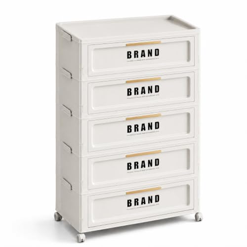 300QT Foldable Storage Cabinet with Doors and Locking Wheels, 5-Tier Heavy-Duty ABS Rolling Organizer, No-Tool Assembly for Pantry, Laundry Room, Dorm and Garage - color: White