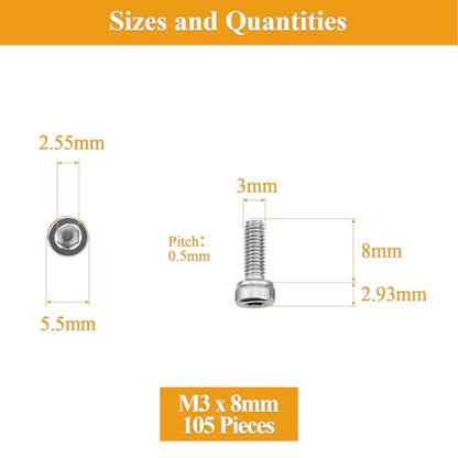 105 Pieces M3 x 8mm Socket Head Cap Screws, Thread Pitch 0.5mm, Sutemribor M3 Screws, 304 Stainless Steel, Fully Threaded, Silver - size: M3 x 8mm, style: Socket Head